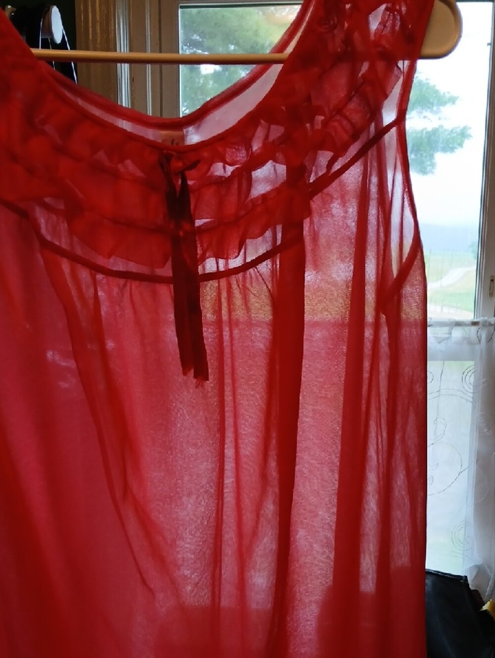 Coral Red Sleeveless Sheer Vintage Vintage Nightie With Ruffle Neckline